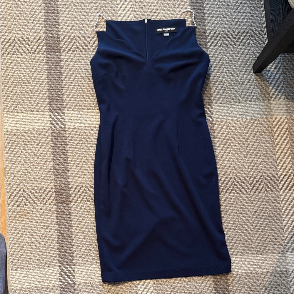 Karl Lagerfeld Navy Sheath Dress with pearl straps